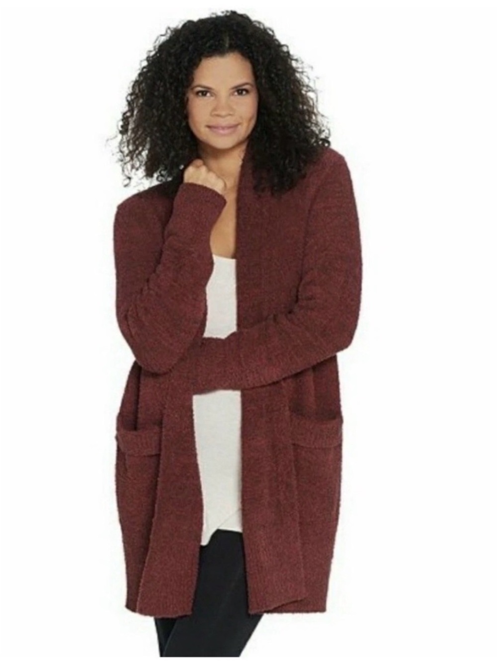 Barefoot Dreams CozyChic Cali Burgundy Open Front Cardigan Long